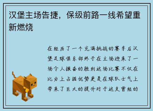 汉堡主场告捷，保级前路一线希望重新燃烧