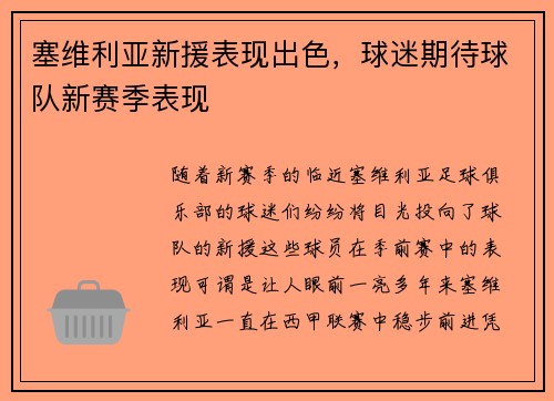 塞维利亚新援表现出色，球迷期待球队新赛季表现