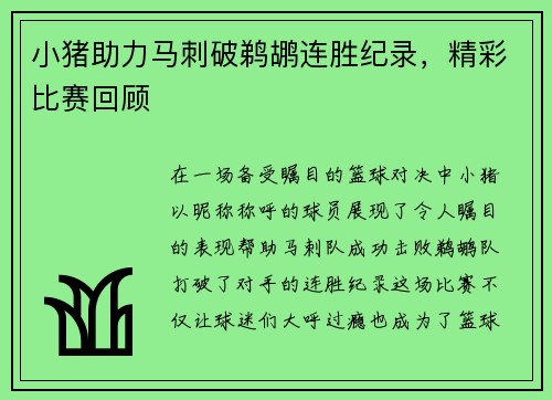 小猪助力马刺破鹈鹕连胜纪录，精彩比赛回顾