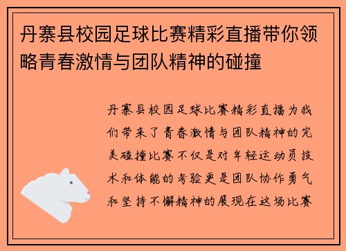 丹寨县校园足球比赛精彩直播带你领略青春激情与团队精神的碰撞